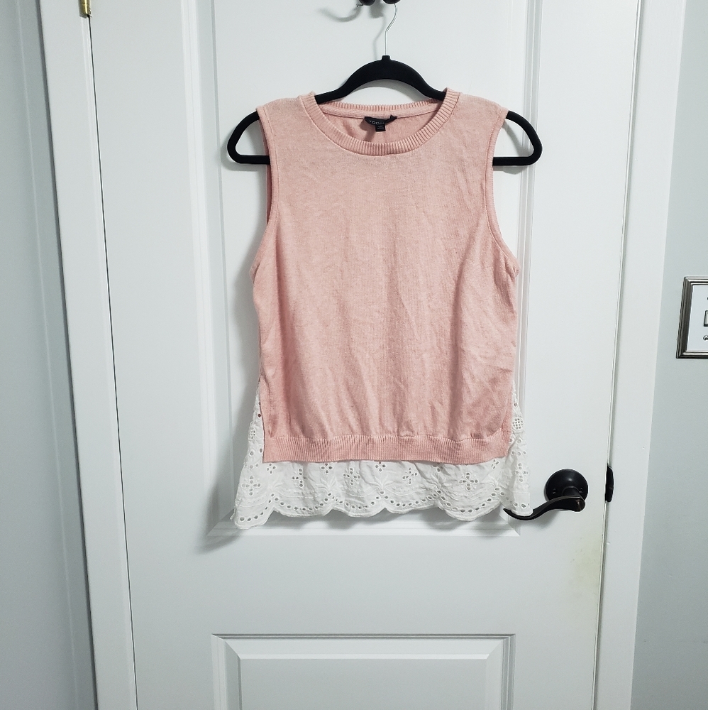 TOPSHOP Pink Knitted Vest Top with Embroidered Trim
